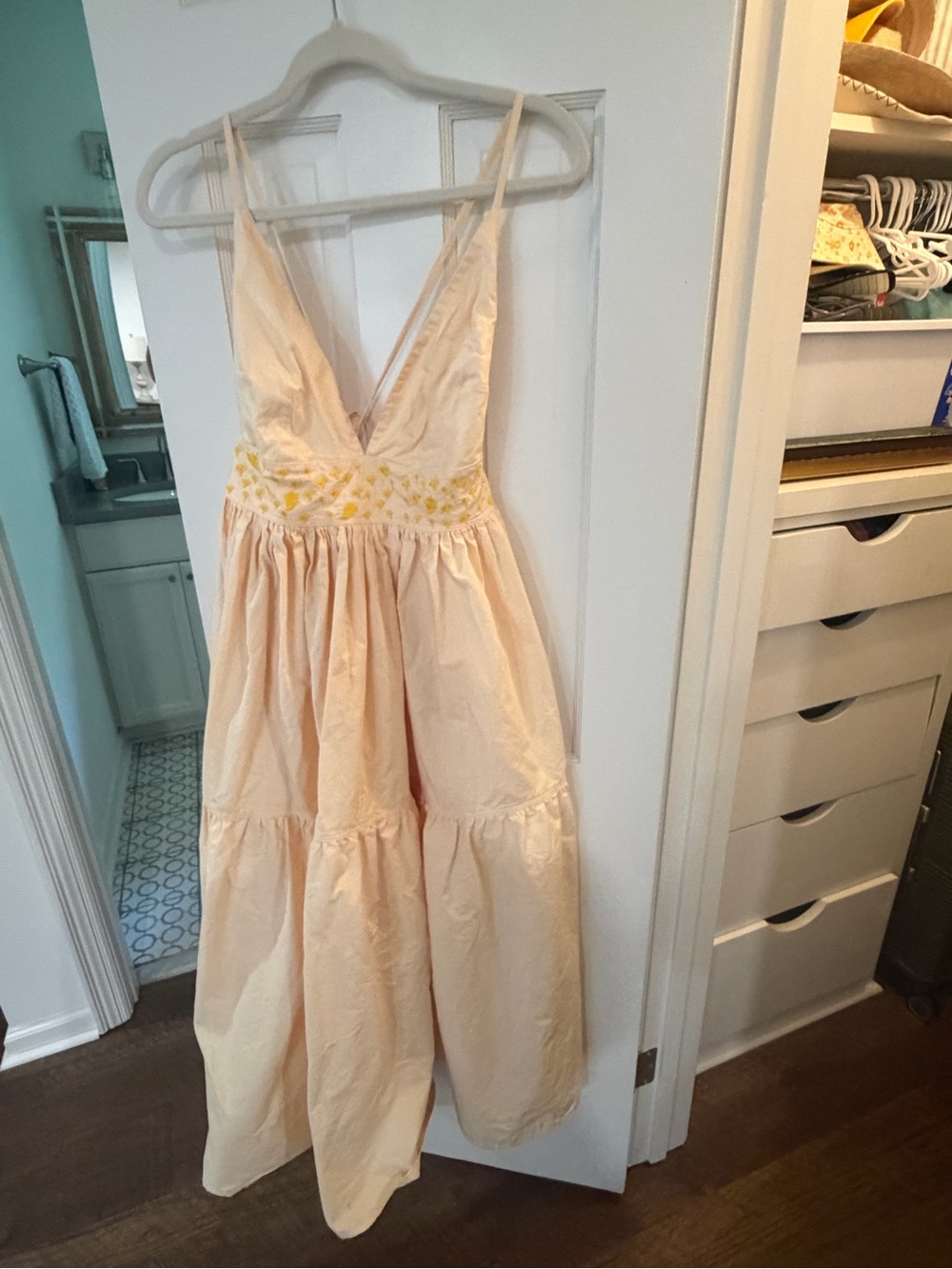 Yellow Tiered V-Neck Midi Dress with Yellow Embroidery